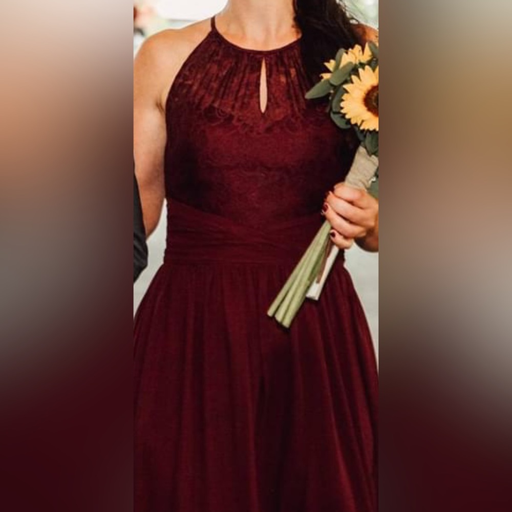 B183016 Long High-Neck Lace & Poly Chiffon Bridesmaid Dress